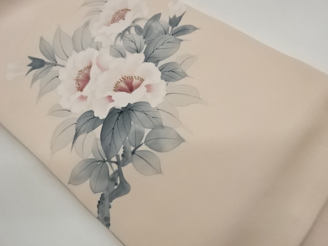 秀峰作　塩瀬金彩手描き抽象牡丹模様名古屋帯